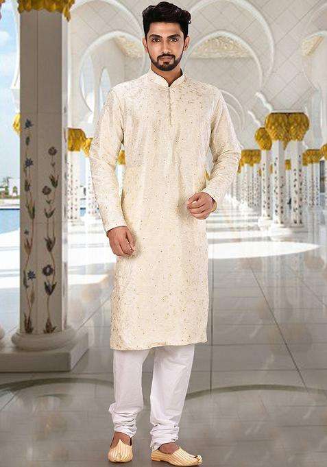 White Silk Kurta Set For Men