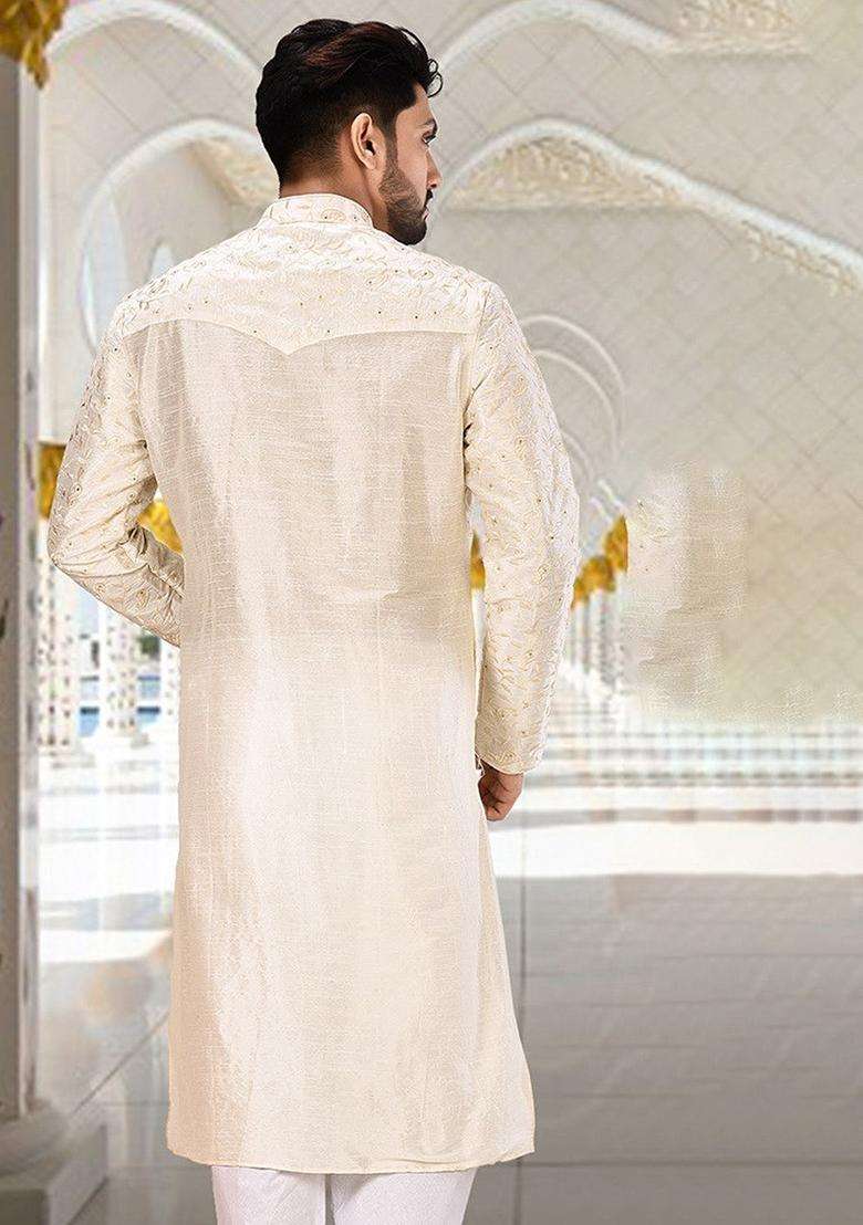 White Silk Kurta For Men - Indya