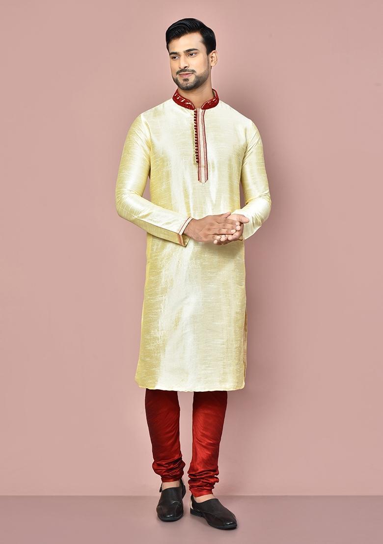 Fawn Silk Kurta Set For Men - Indya