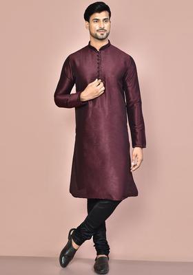 Wine Silk Kurta Set For Men