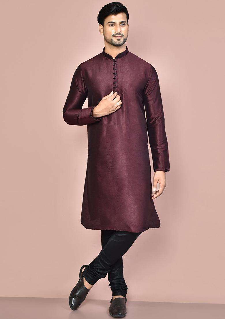 Wine Silk Kurta Set For Men - Indya