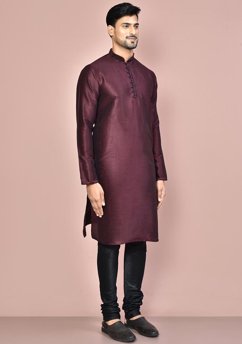 Wine Silk Kurta Set For Men - Indya