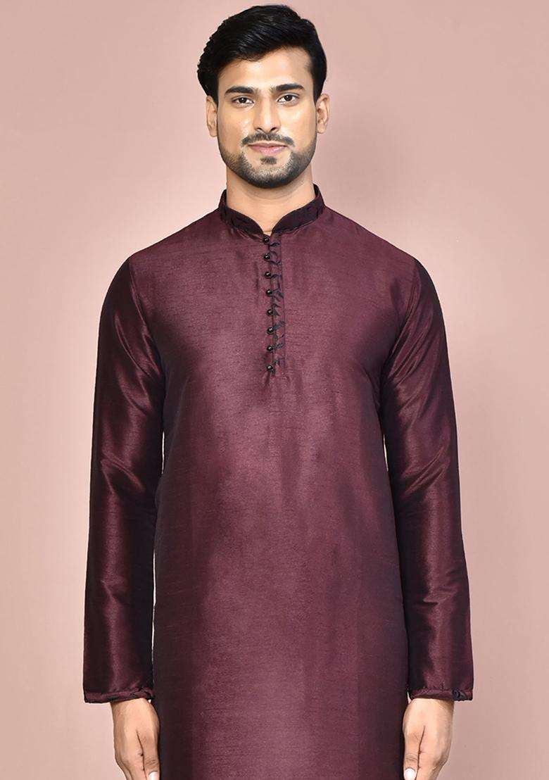 Wine Silk Kurta Set For Men - Indya
