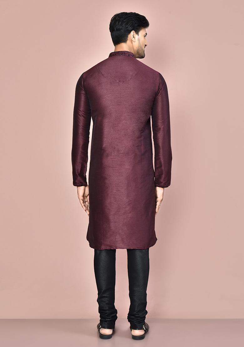 Wine Silk Kurta Set For Men - Indya