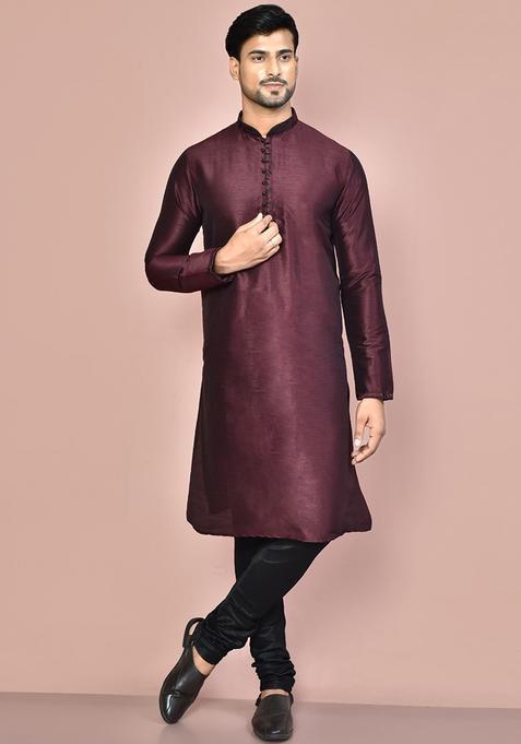 Wine Silk Kurta Set For Men