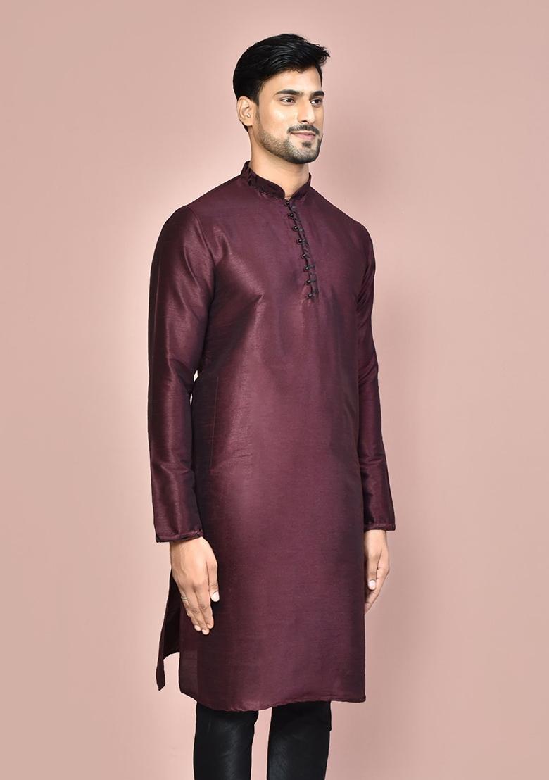 Wine Silk Kurta For Men - Indya