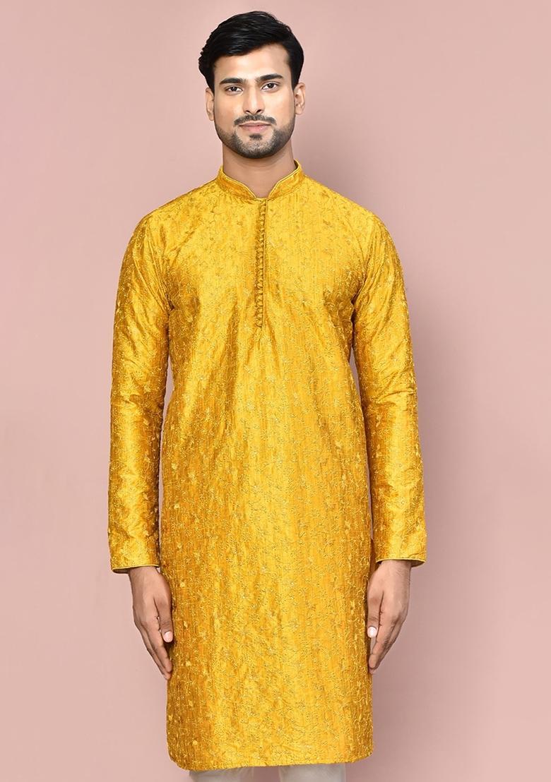Mustard Silk Kurta For Men - Indya