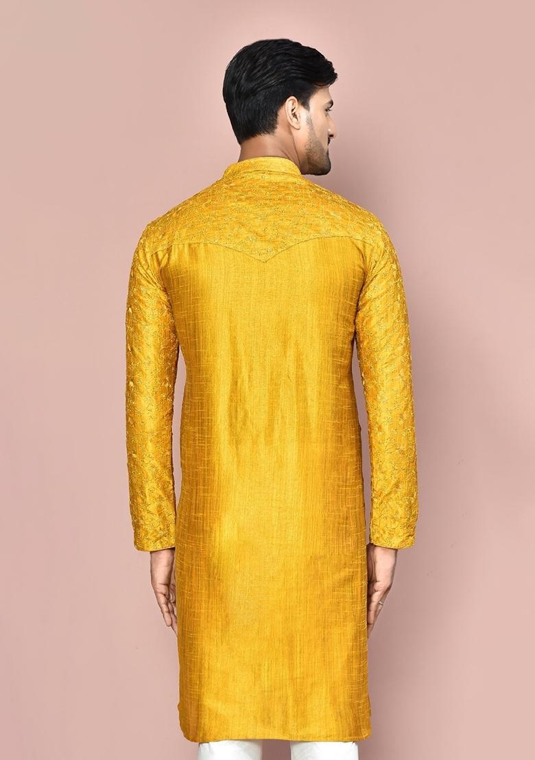 Mustard Silk Kurta For Men - Indya