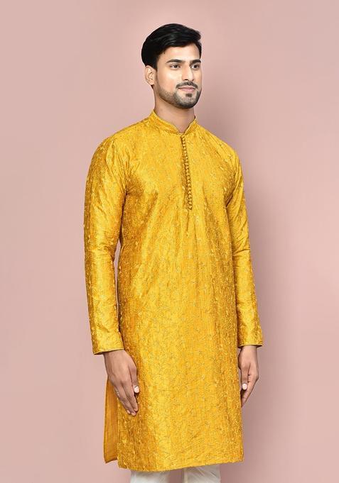 Mustard Silk Kurta For Men