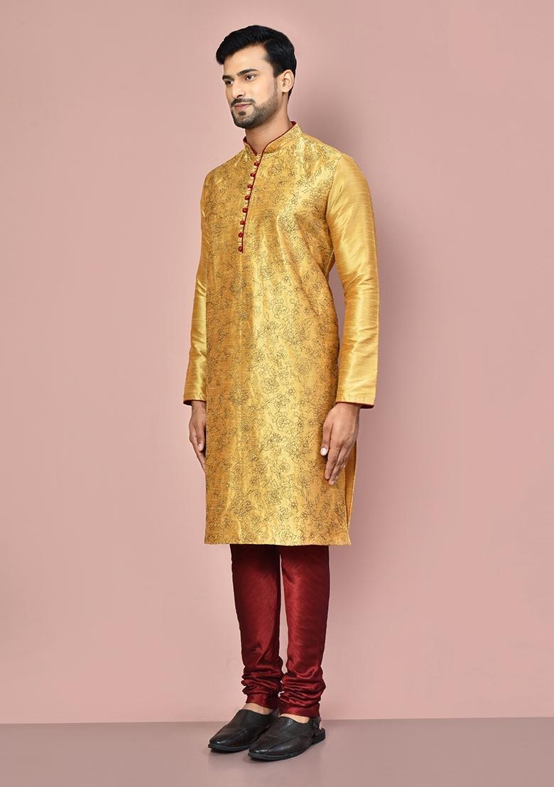 Dark Beige Silk Kurta Set For Men - Indya