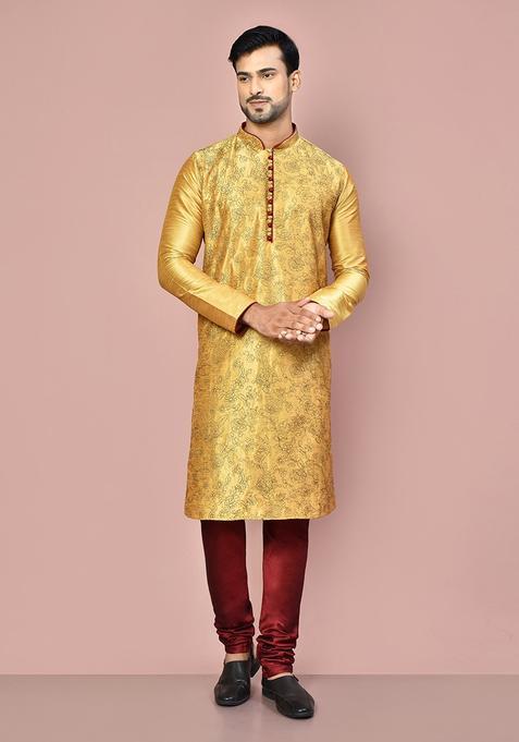Dark Beige Silk Kurta Set For Men