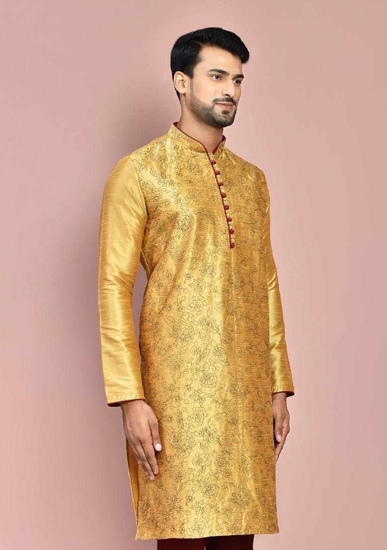 Dark Beige Silk Kurta For Men - Indya