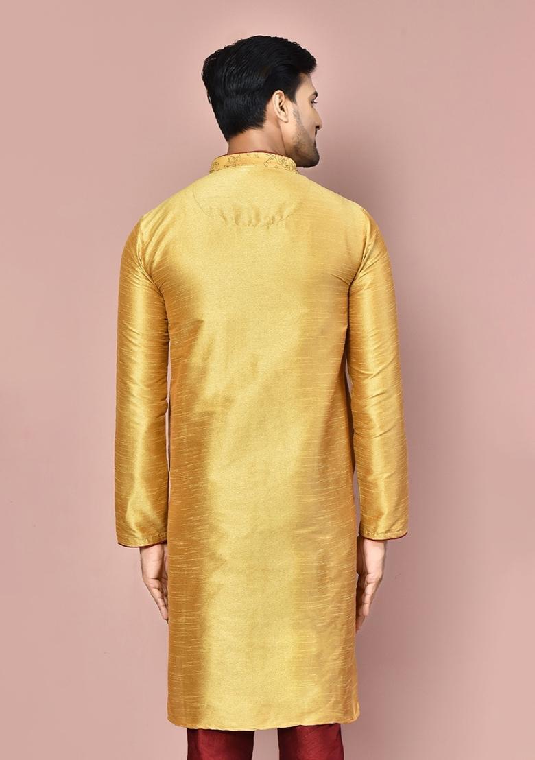 Dark Beige Silk Kurta For Men - Indya