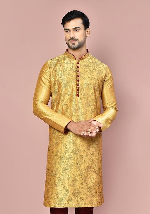 Dark Beige Silk Kurta For Men