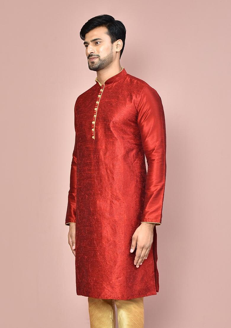 Red Silk Kurta For Men - Indya