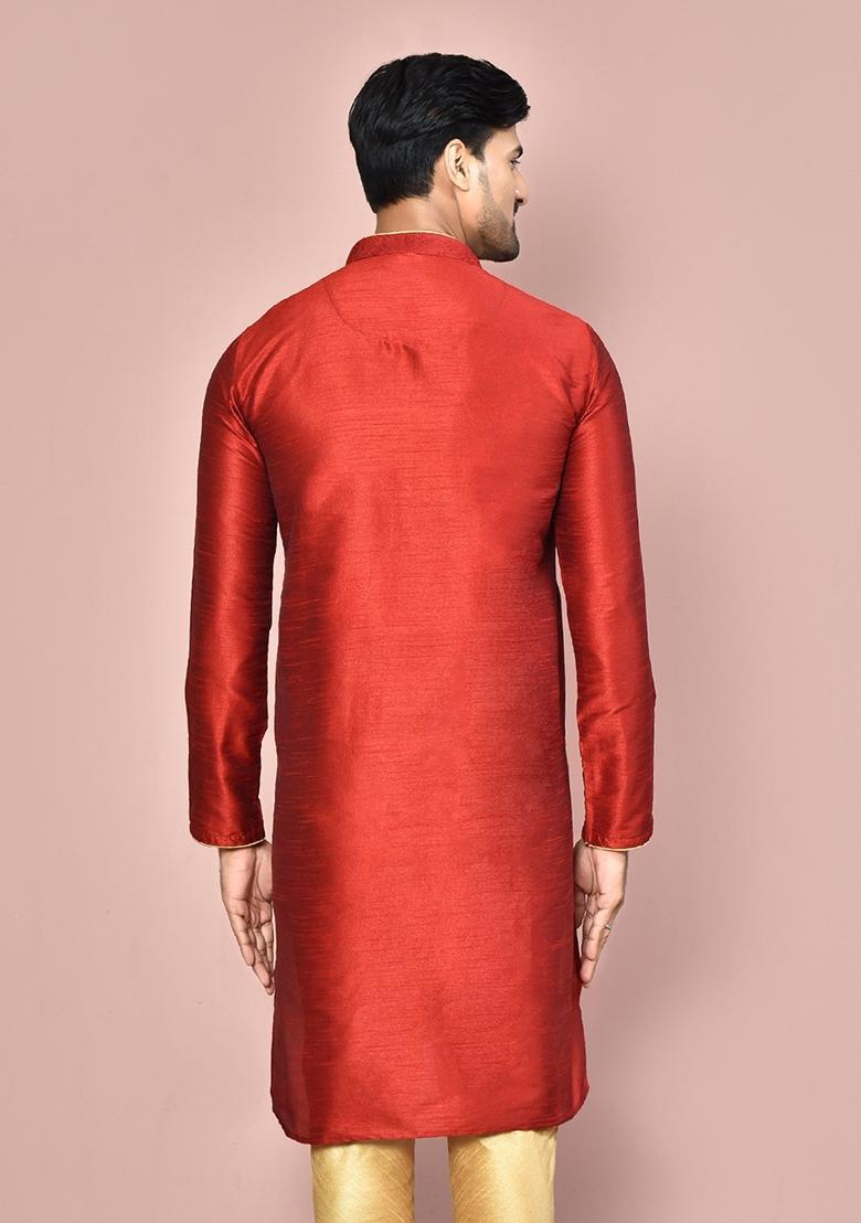 Red Silk Kurta For Men - Indya