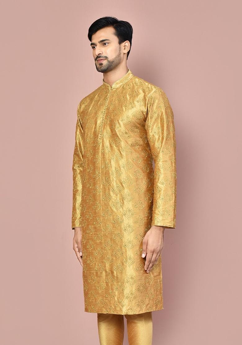 Dark Beige Silk Kurta For Men - Indya