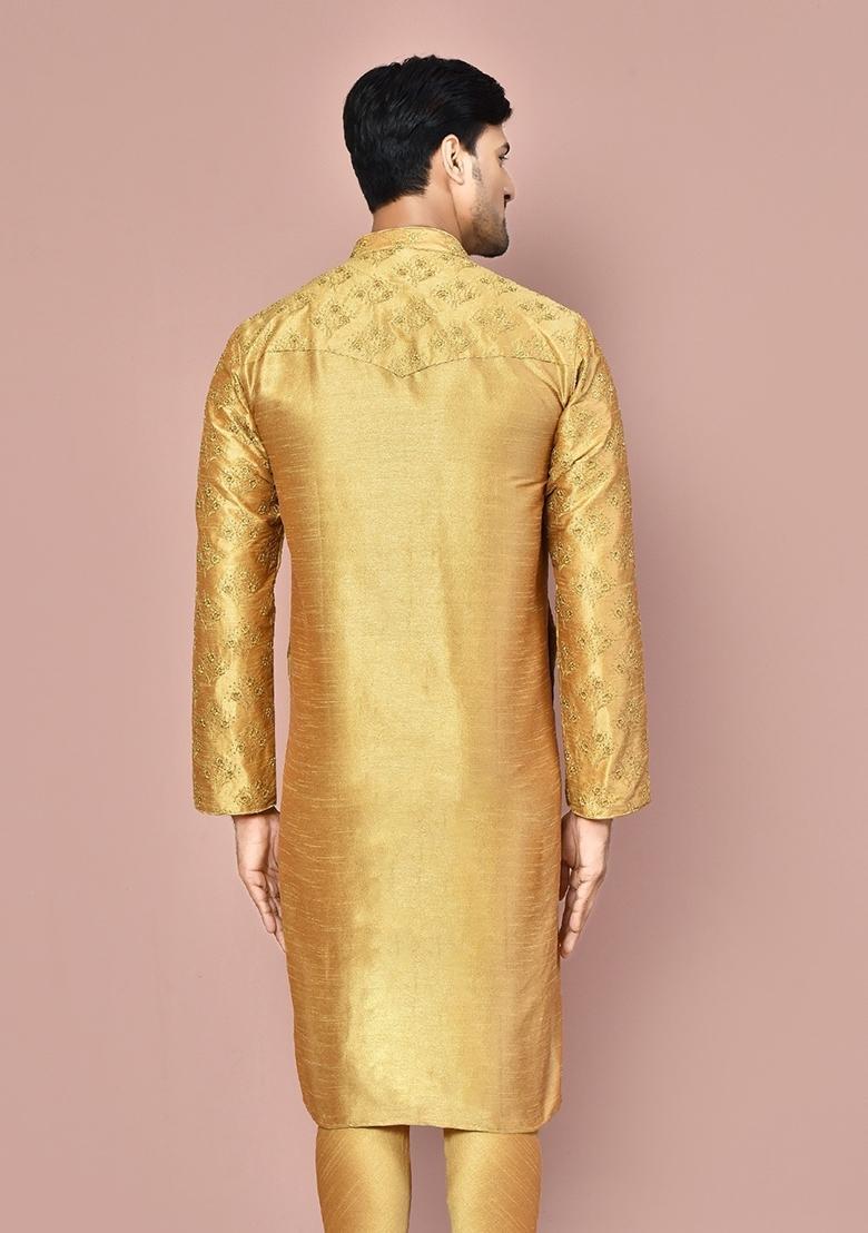 Dark Beige Silk Kurta For Men - Indya