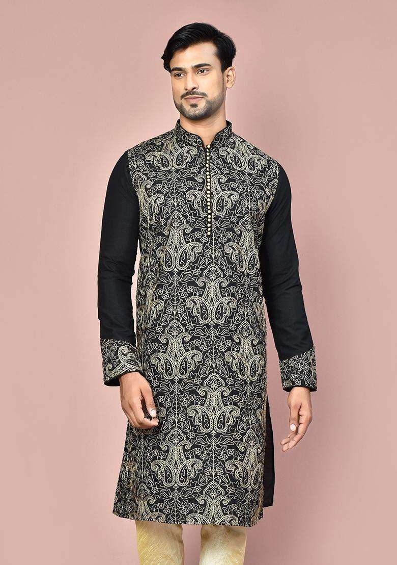 Black Silk Kurta For Men - Indya