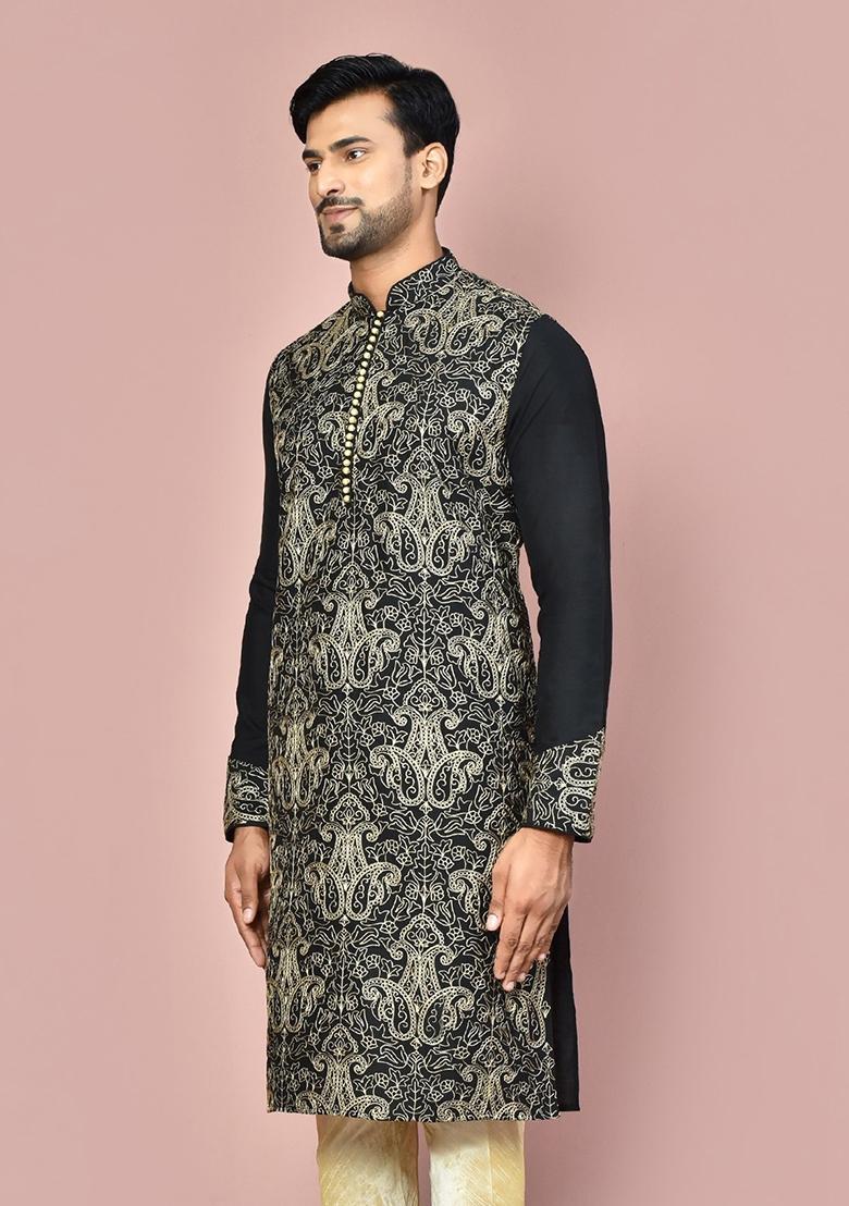 Black Silk Kurta For Men - Indya