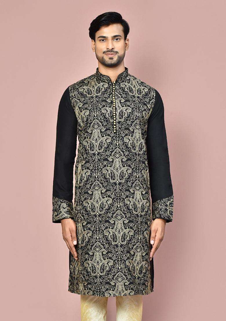 Black Silk Kurta For Men - Indya
