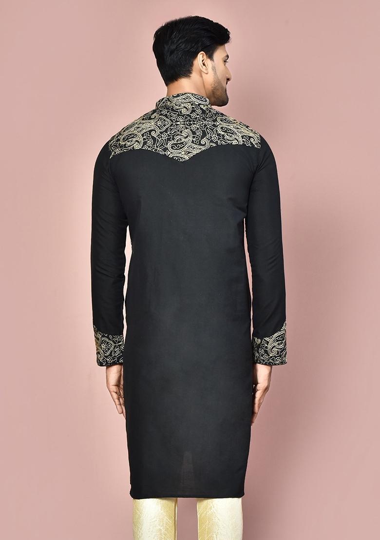 Black Silk Kurta For Men - Indya