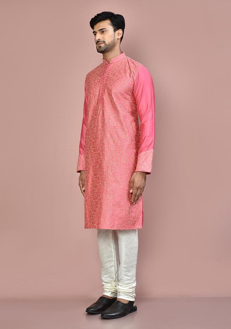 Pink Silk Kurta Set For Men - Indya