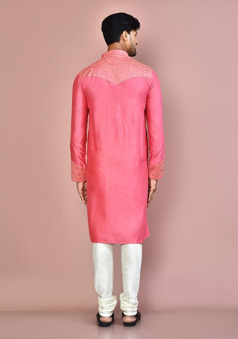 Pink Silk Kurta Set For Men - Indya