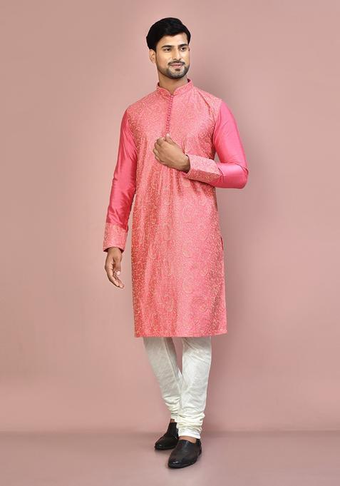 Pink Silk Kurta Set For Men