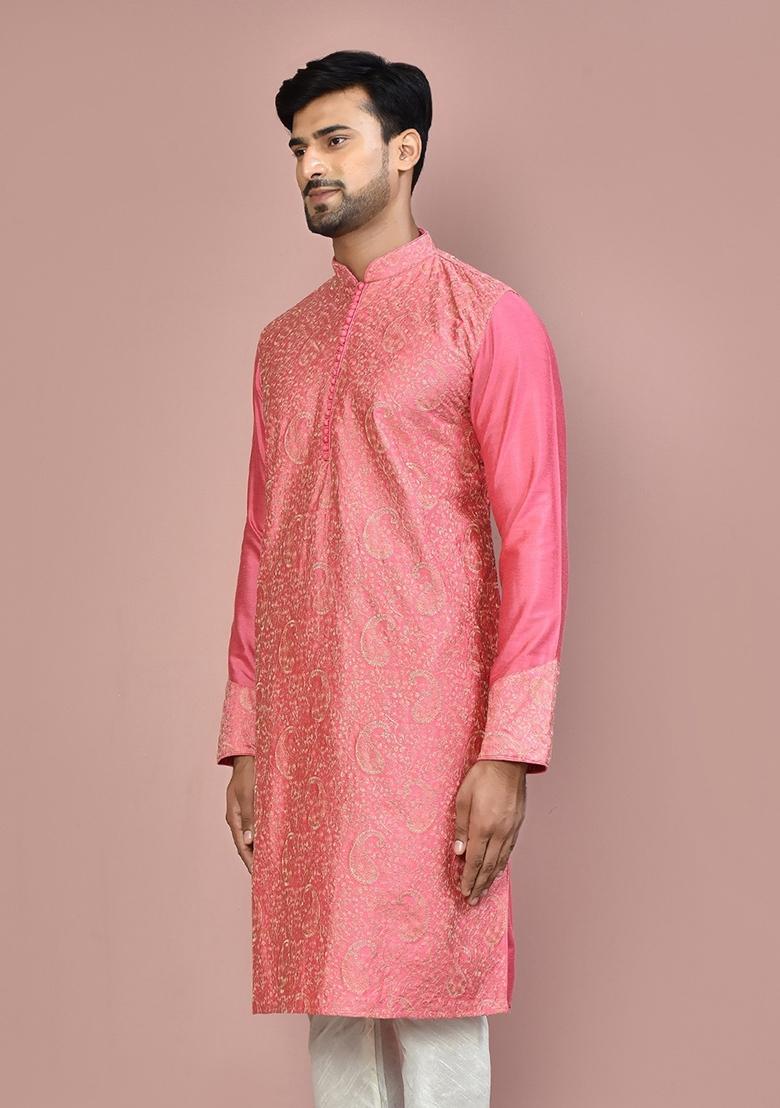 Pink Silk Kurta For Men - Indya