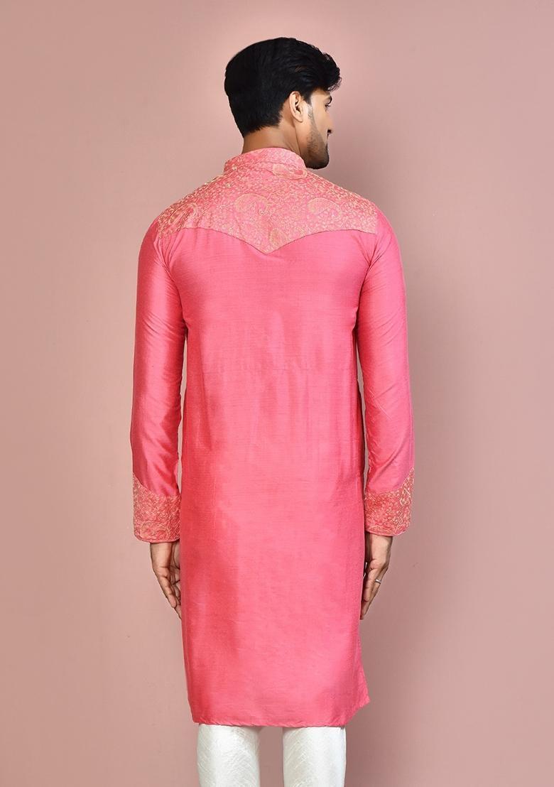 Pink Silk Kurta For Men - Indya