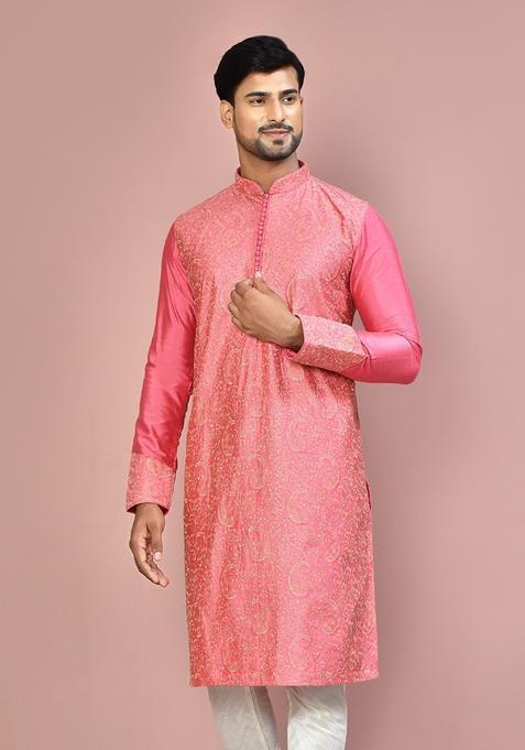 Pink Silk Kurta For Men