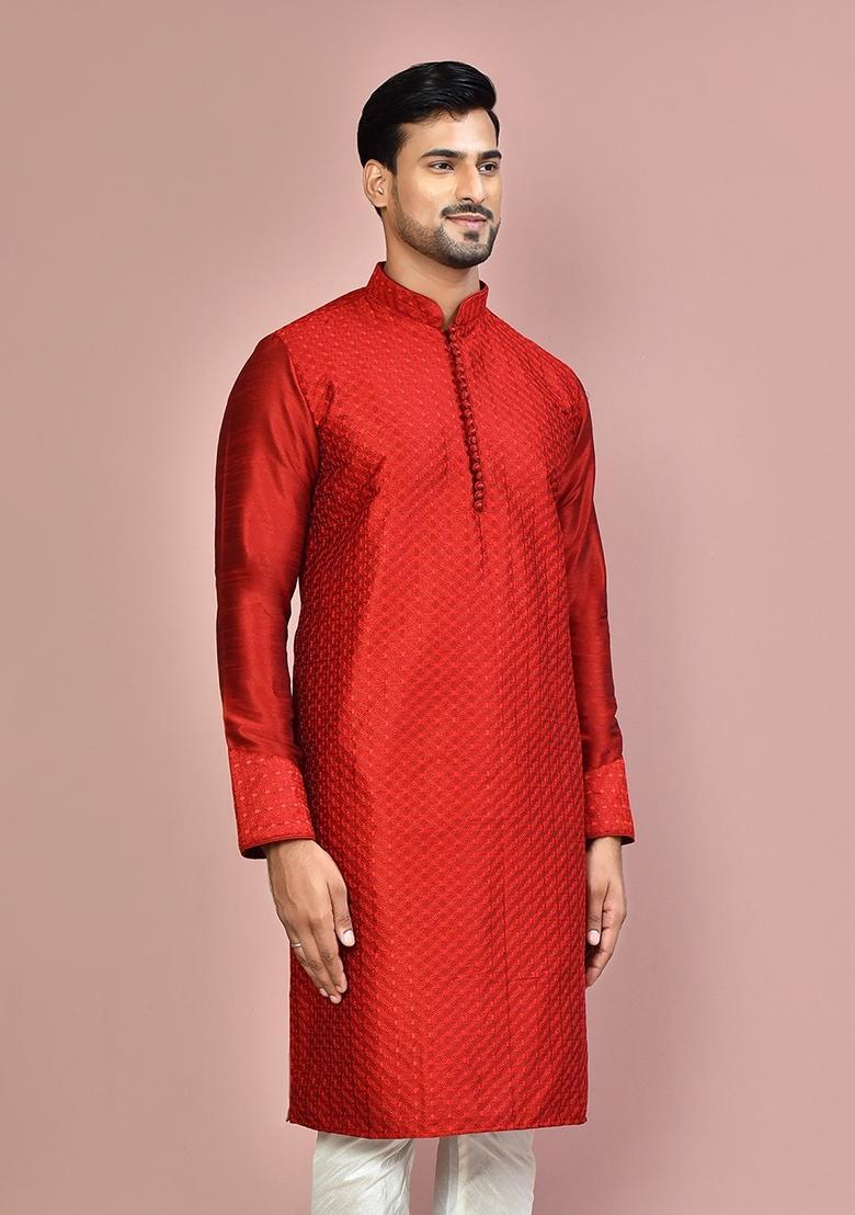 Red Silk Kurta For Men - Indya