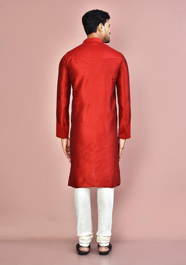 Red Silk Kurta For Men - Indya