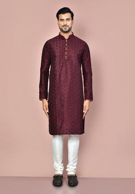 Wine Silk Kurta Set For Men
