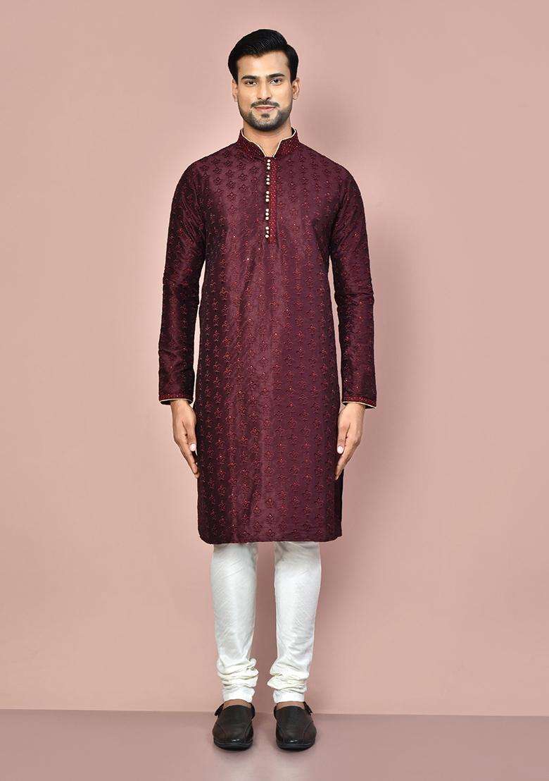 Wine Silk Kurta Set For Men - Indya