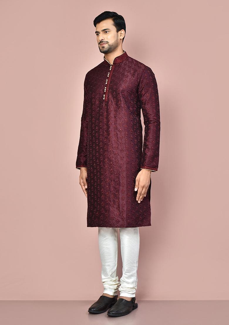 Wine Silk Kurta Set For Men - Indya
