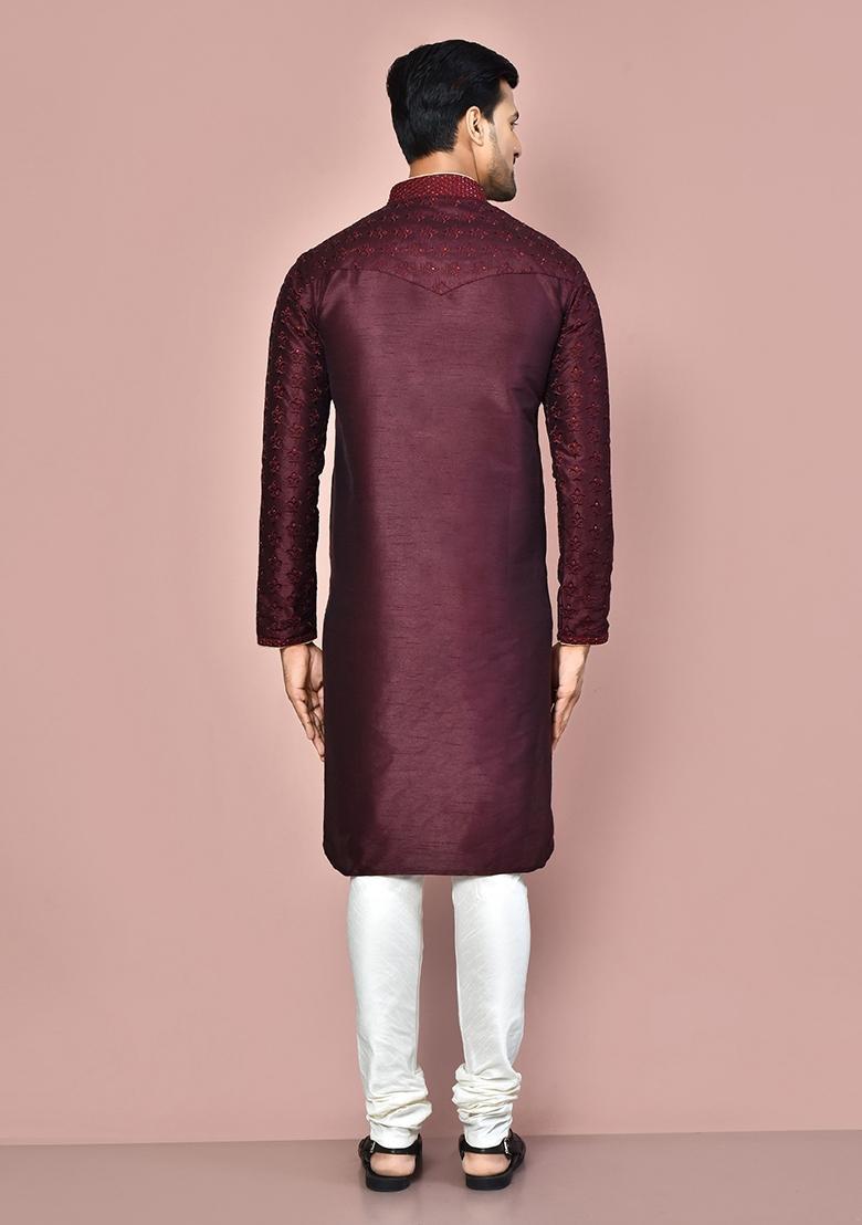 Wine Silk Kurta Set For Men - Indya