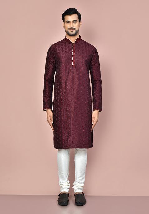 Wine Silk Kurta Set For Men