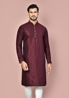 Wine Silk Kurta For Men