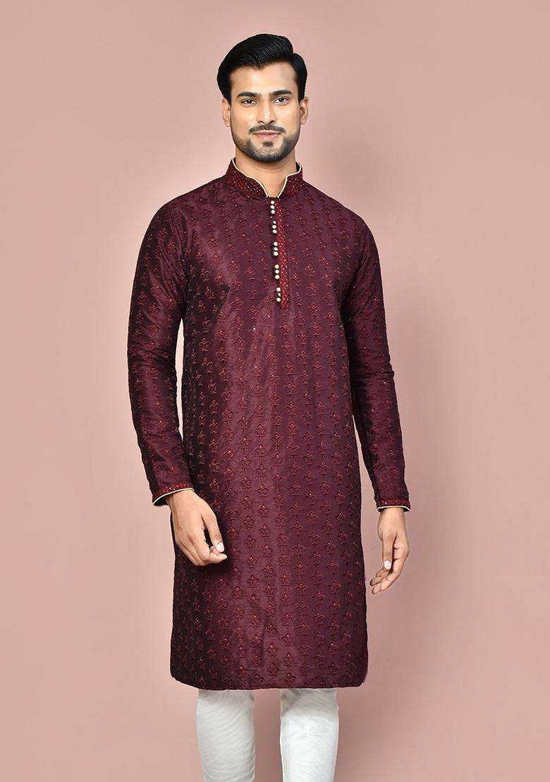 Wine Silk Kurta For Men - Indya