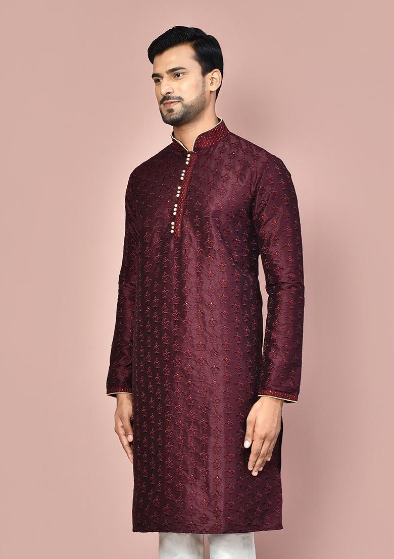 Wine Silk Kurta For Men - Indya