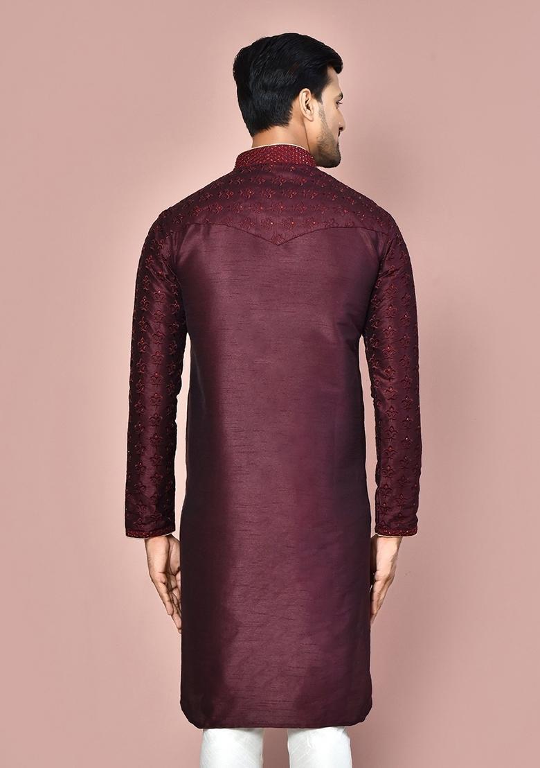 Wine Silk Kurta For Men - Indya