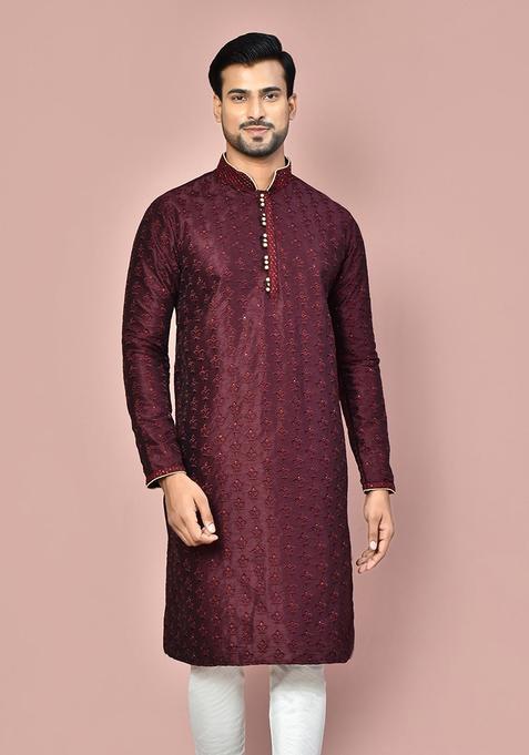Wine Silk Kurta For Men