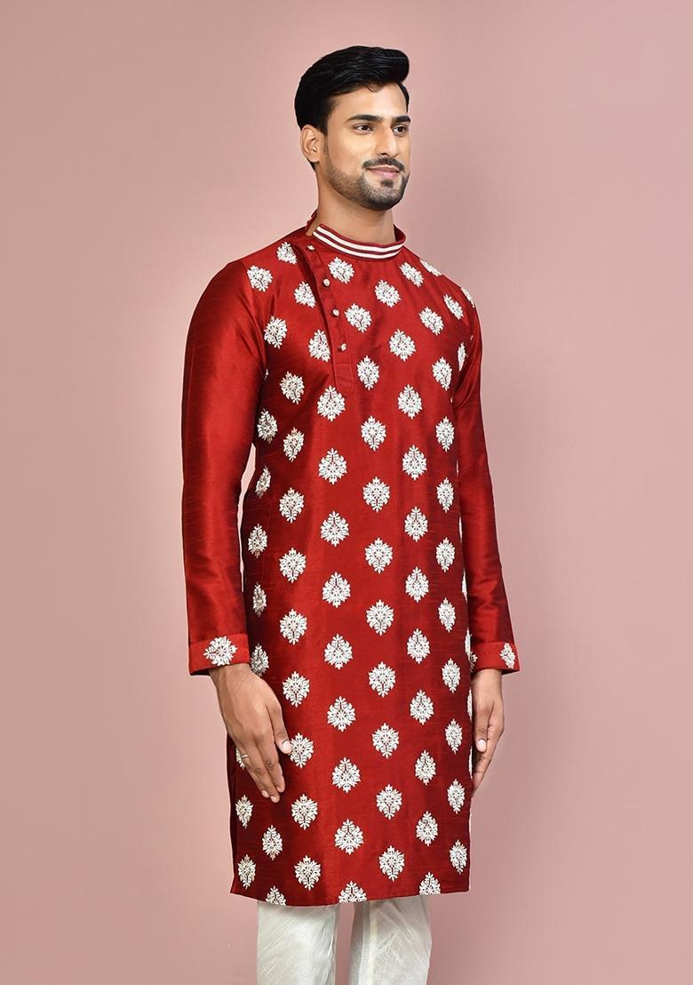 Red Silk Kurta For Men - Indya