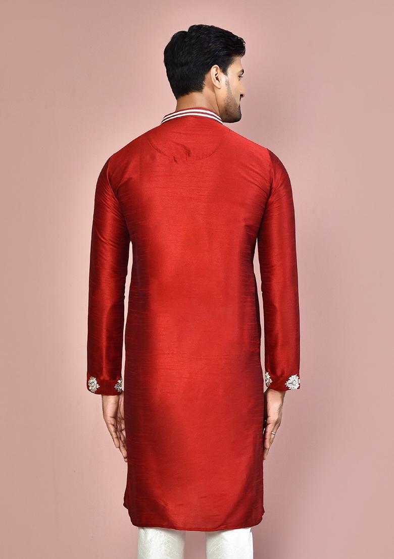 Red Silk Kurta For Men - Indya