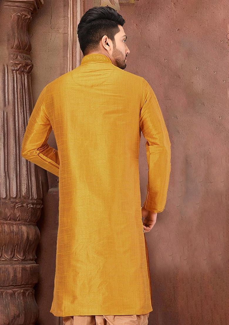 Yellow Silk Kurta For Men - Indya