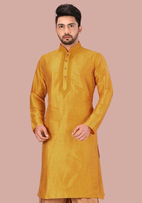Yellow Silk Kurta For Men
