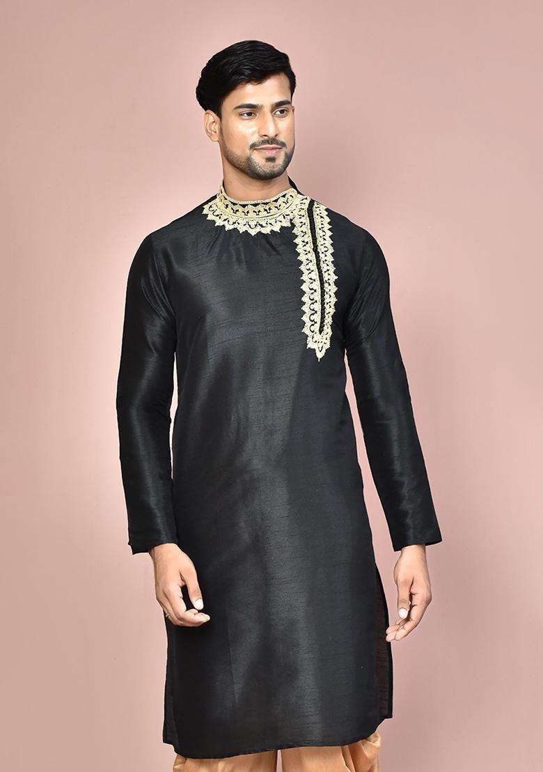 Black Silk Kurta For Men - Indya