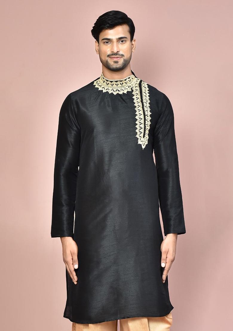 Black Silk Kurta For Men - Indya
